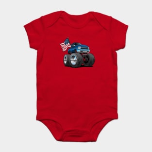 Monster Pickup Truck with USA Flag Cartoon Baby Bodysuit